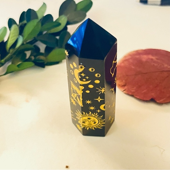 New Natural Obsidian Carved Artisan Sun 24k Gold Tower Point Crystal Decoration - Picture 7 of 16